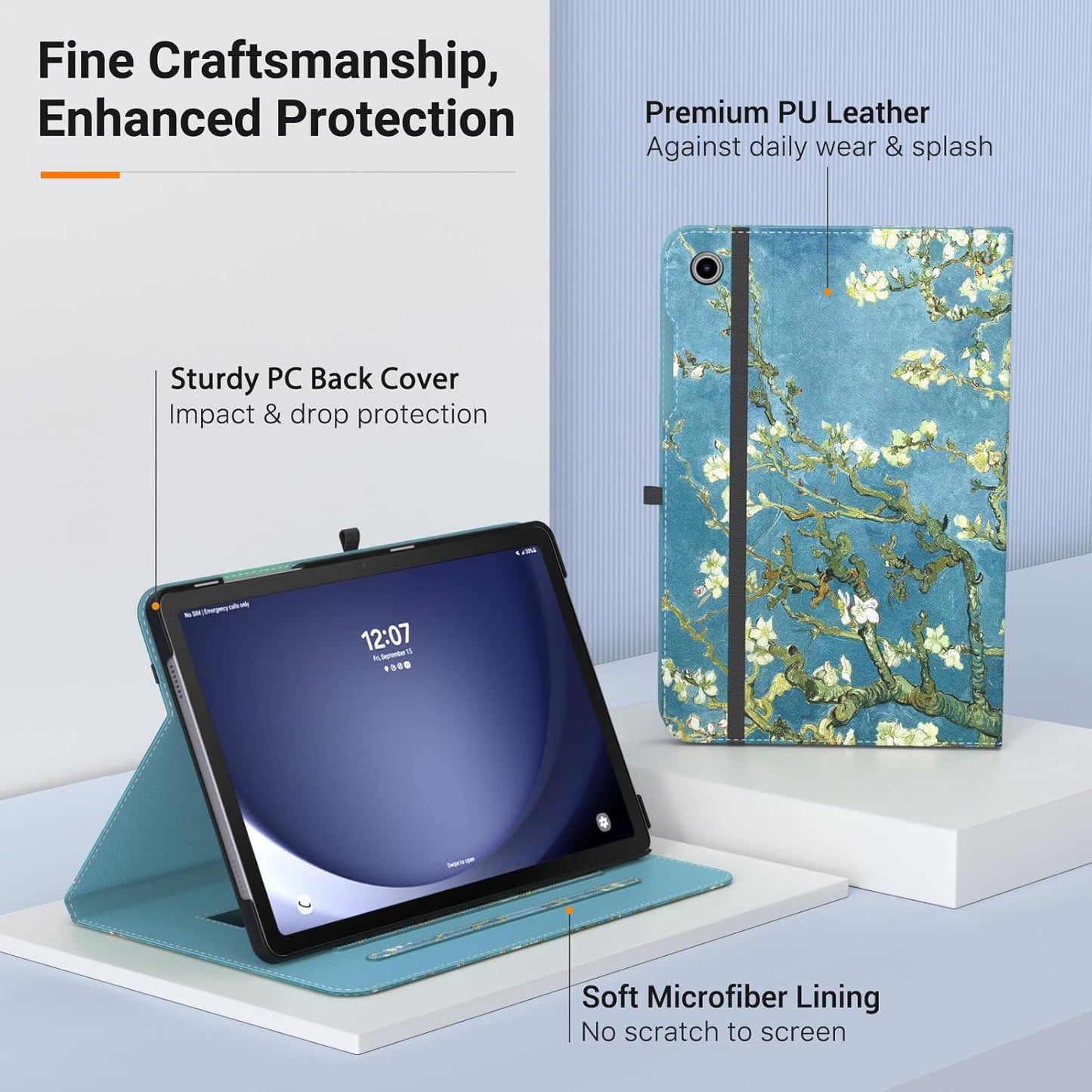 MoKo Case for Samsung Galaxy Tab A9 Plus 11" 2023 (SM-X210/SM-X216/SM-X218), PU Leather Multi-Angle Viewing Folding Stand Cover Case with Hand Strap, Front Pocket, Auto Wake/Sleep, Denim Blue & Brown