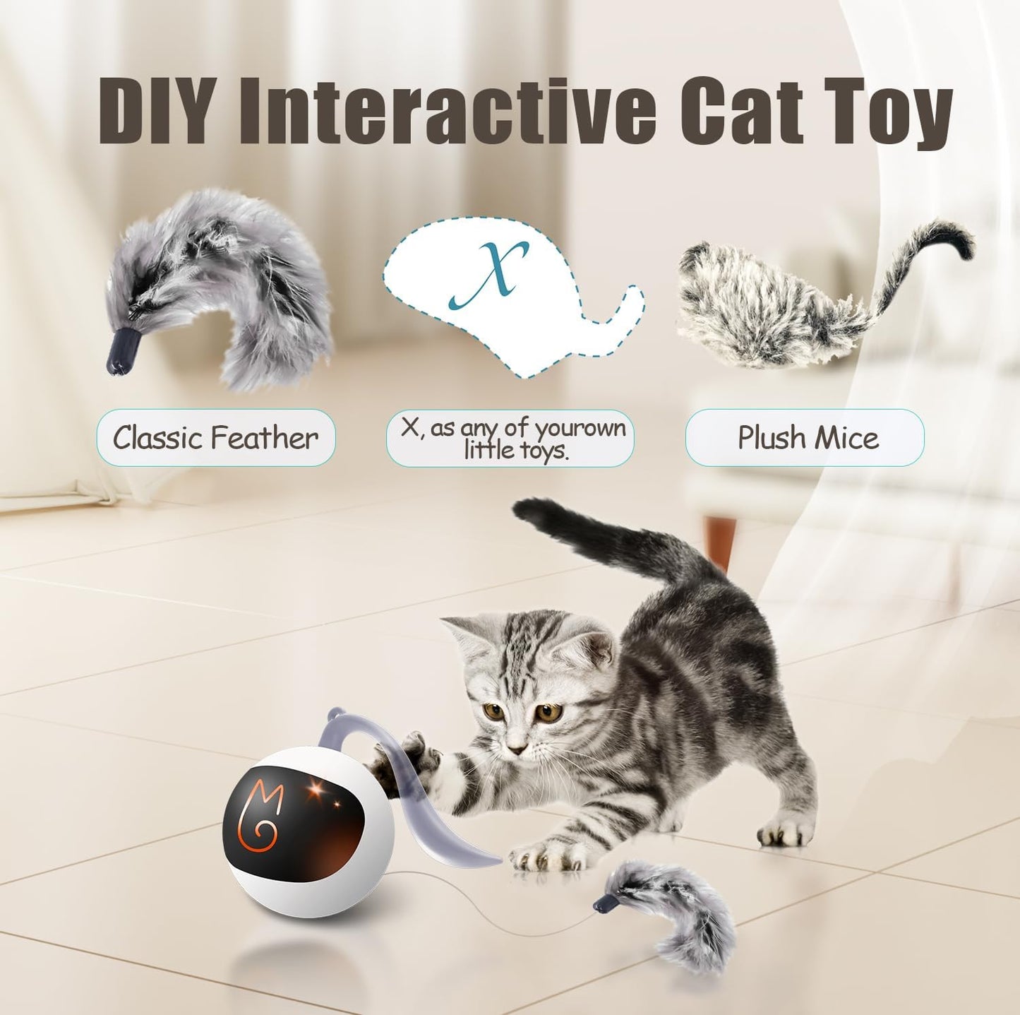 Migipaws Interactive Cat Ball Toy – Motion-Activated Chase Ball with Fluffy Tail & Small Mice, Automatic Rolling, Rechargeable, Fun Indoor Entertainment for Cats, White - PuriLite