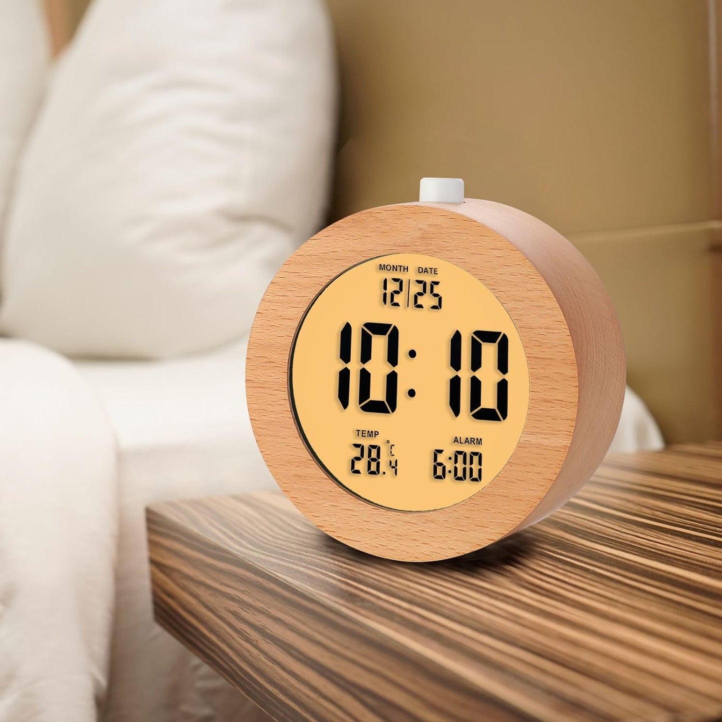 Plumeet Wooden Digital Alarm Clock for Bedrooms, Wood 4'' Battery Powered Alarm Clock with Snooze and Nightlight, Electronic LCD Desk Clock Display Time, Date, Temp, 12/24H, Wood Décor (Sapele, 3.2'')