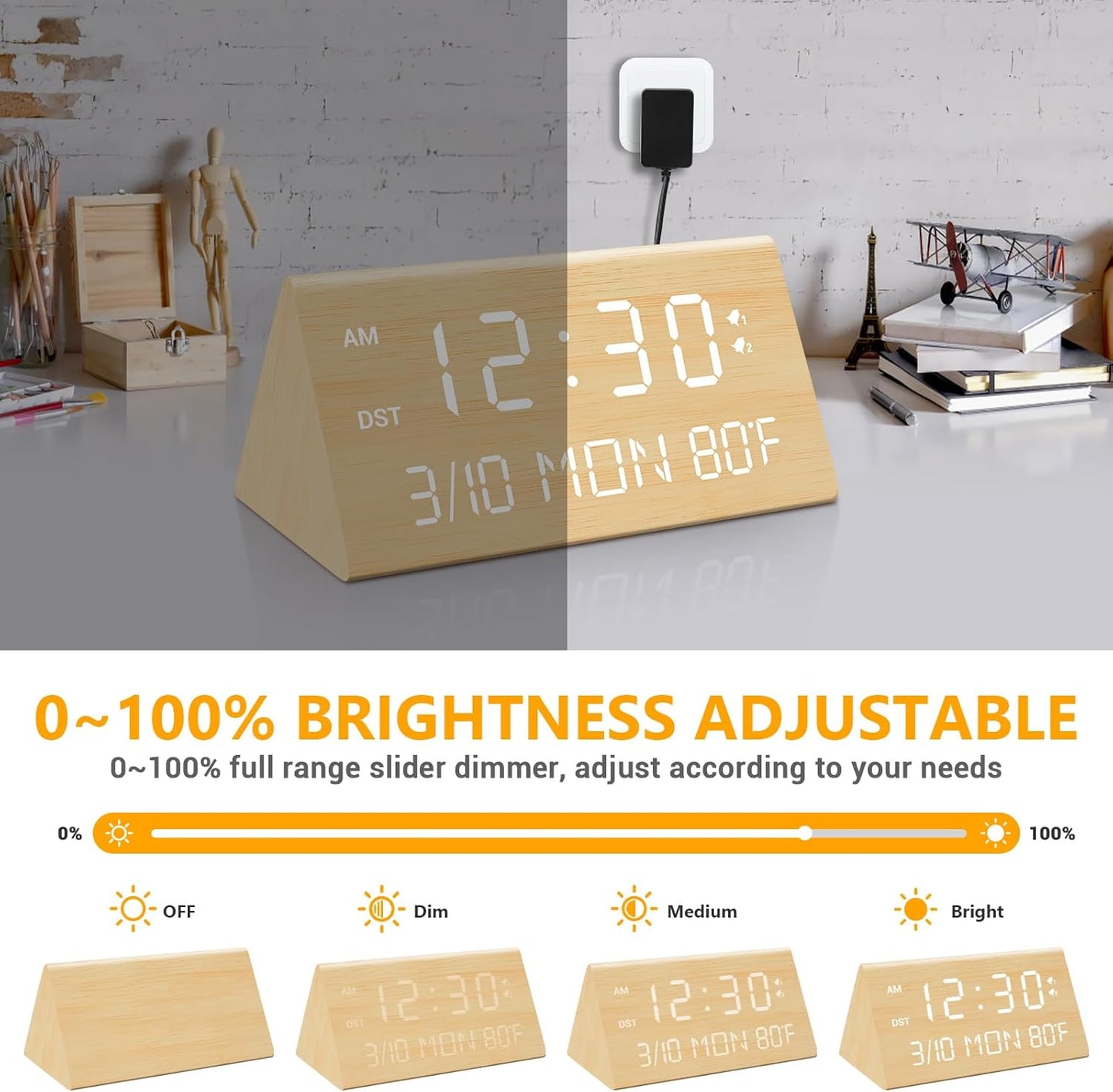 Kogonee Wooden Digital Alarm Clock, 0-100% Dimmer, 2 Alarm Settings, Weekday/Everyday Mode, 9 Mins Snooze, 12/24H, Temperature and Date Display for Office, Travel, Bedroom Alarm Clock (White)