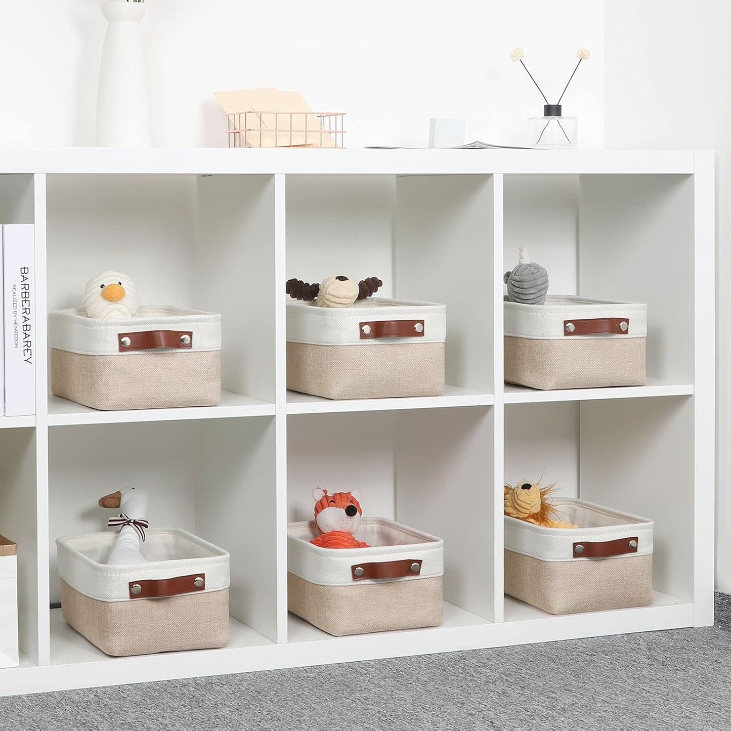 DULLEMELO Storage Baskets for Shelves, Fabric Collapsible Rectangular Storage Bins for Shelves, Closets, Nursery, Home, Office, Empty Gift Baskets (White&Teal)