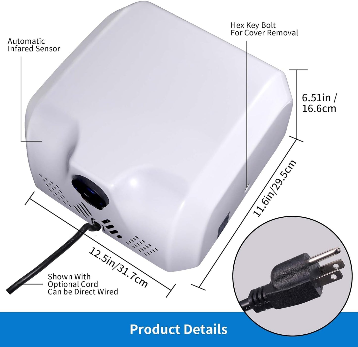 Goetland Stainless Steel Commercial Hand Dryer 1800w Automatic High Speed Heavy Duty Dull Polished
