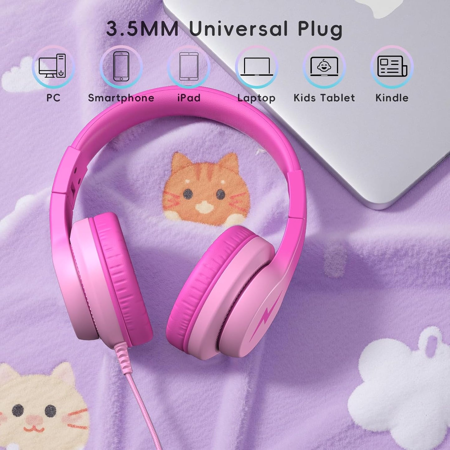 Kids Headphones, Wired Headphones for Kids Over Ear with Microphone, 85/94dB Volume Limiter Headphones for Girls Boys with Sharing Jack, Foldable Headphones for Online Study, Gradient Deep Pink