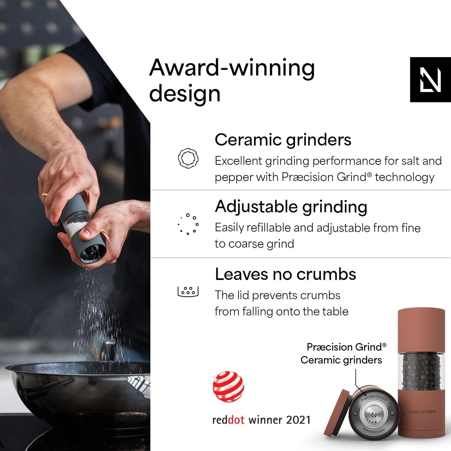 LARS NYSØM Salt and Pepper Grinder Set I Salt and Pepper Mills with Adjustable Ceramic Grinder 2 Pieces I Manual Design Spice Mill Set (Carbon Black)