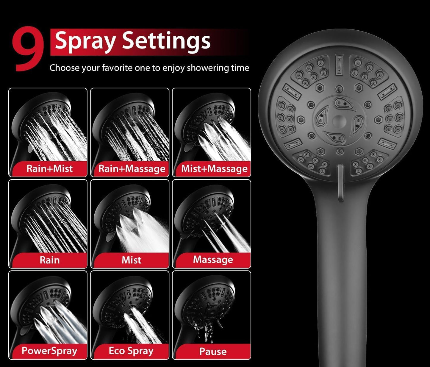 High Pressure Shower Head with Handheld: GRICH 2-in-1 Shower Heads with Hand Held Spray Combo, Anti-Leak 9 Spray Modes Handheld Shower Head & Rain Shower Head with Hose 60'', Angle Adjustable