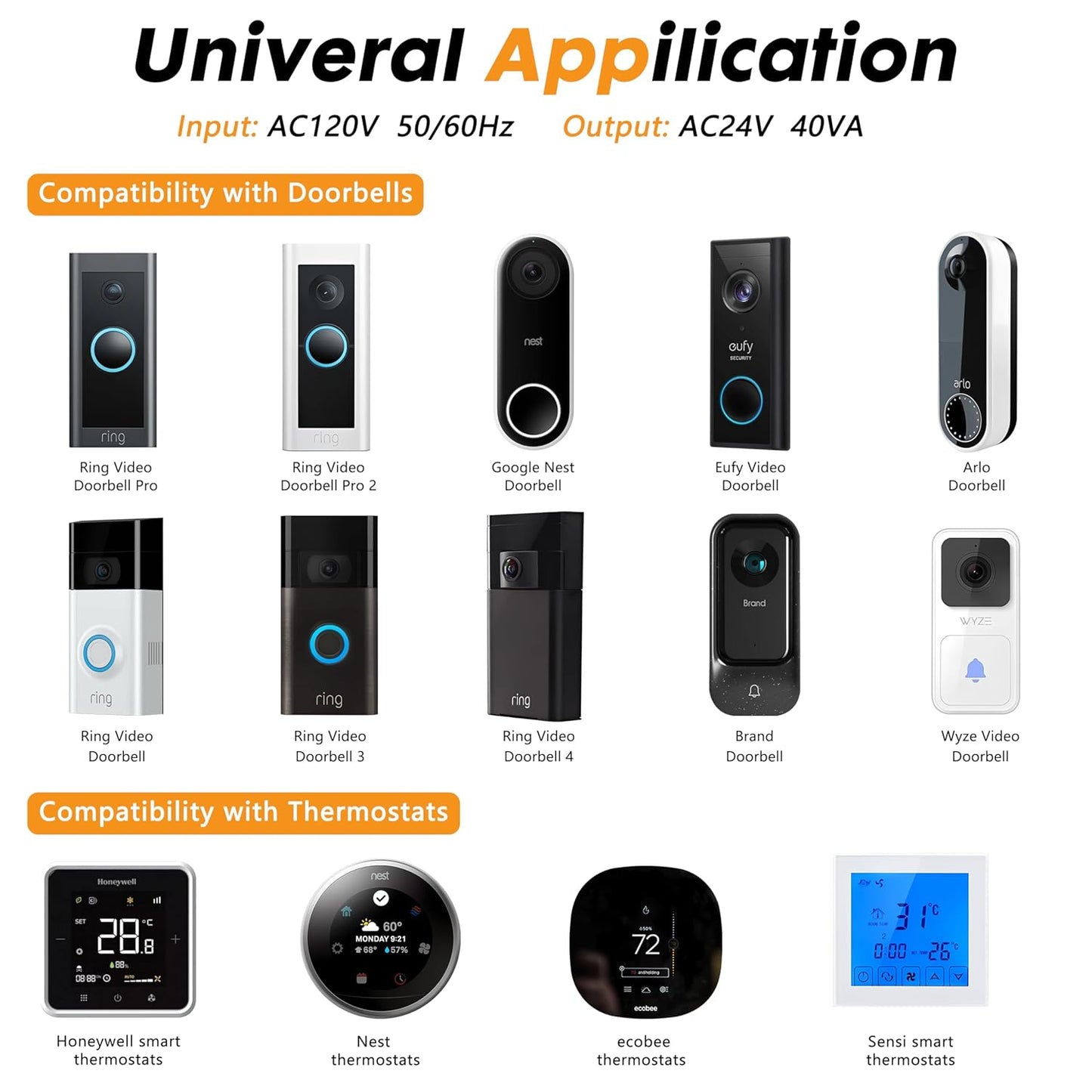 GGOY 24V 40VA Thermostat and Doorbell Transformer Adapter Compatible with Nest Hello Doorbell, Ecobee, Saswell, Nest, Sensi and Honeywell Thermostat, All Versions of Ring Door Bell Power Supply