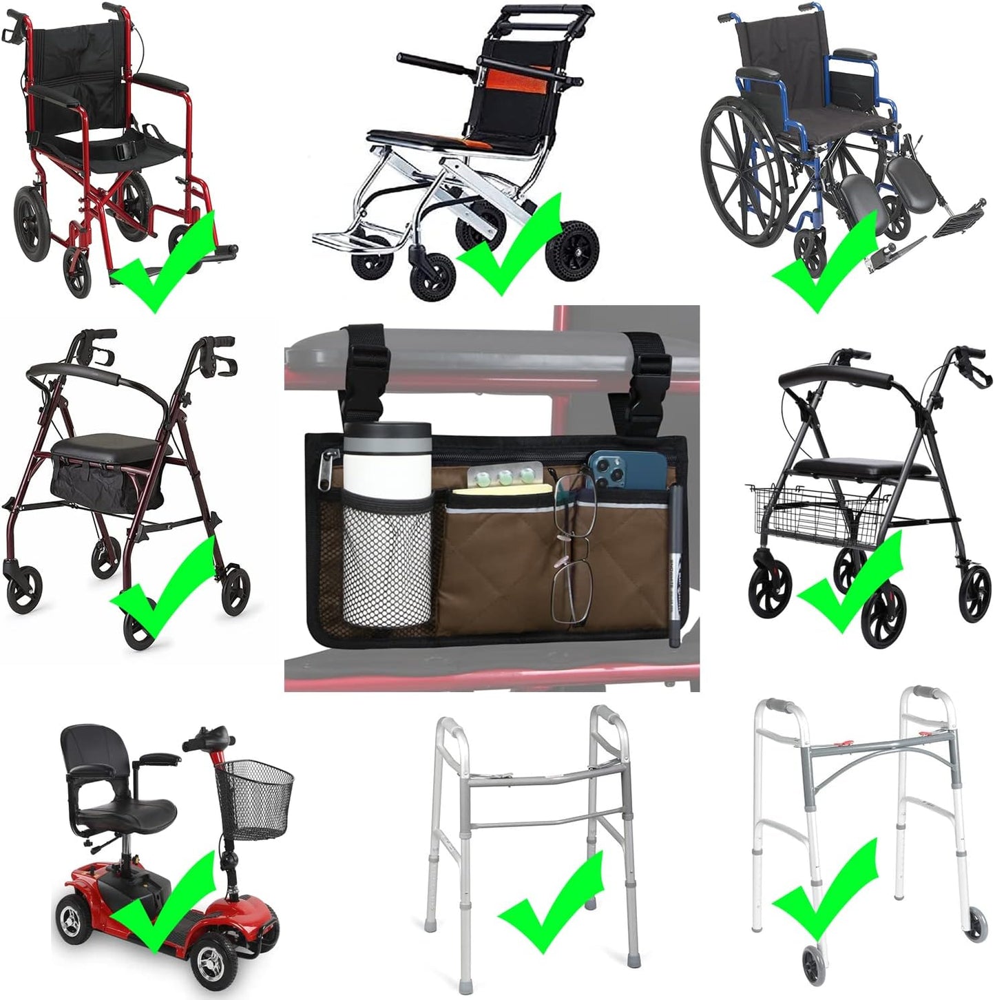 Wheelchair Side Bag, Wheelchair Armrest Storage Pouch with Cup Holder and Reflective Strip for Wheelchairs, Walkers or Rollators (Black)