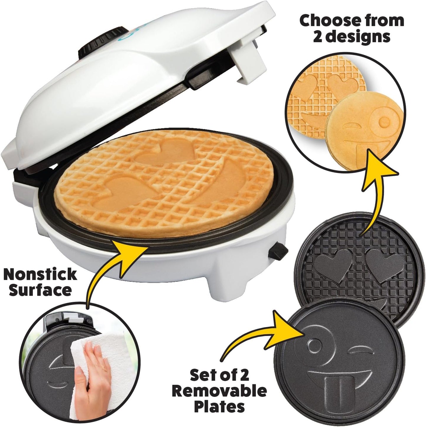 Smiley Face Waffler & Pancake Maker w 2 Interchangeable, Removable 8" Plates- Adjustable Temperature Control, Non-stick Electric Griddle Iron- Easy Clean, Make Kid's Breakfast Fun- Great Holiday Gift