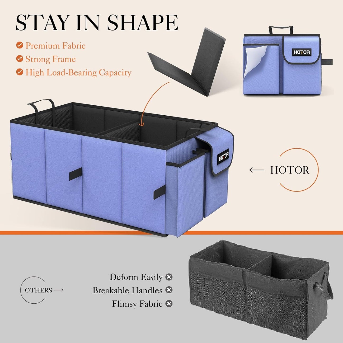 HOTOR Trunk Organizer - Car Organizer, Foldable Trunk organizer for SUVs & Sedans, Car Accessories, Tools, Sundries, 2 Compartments, Black