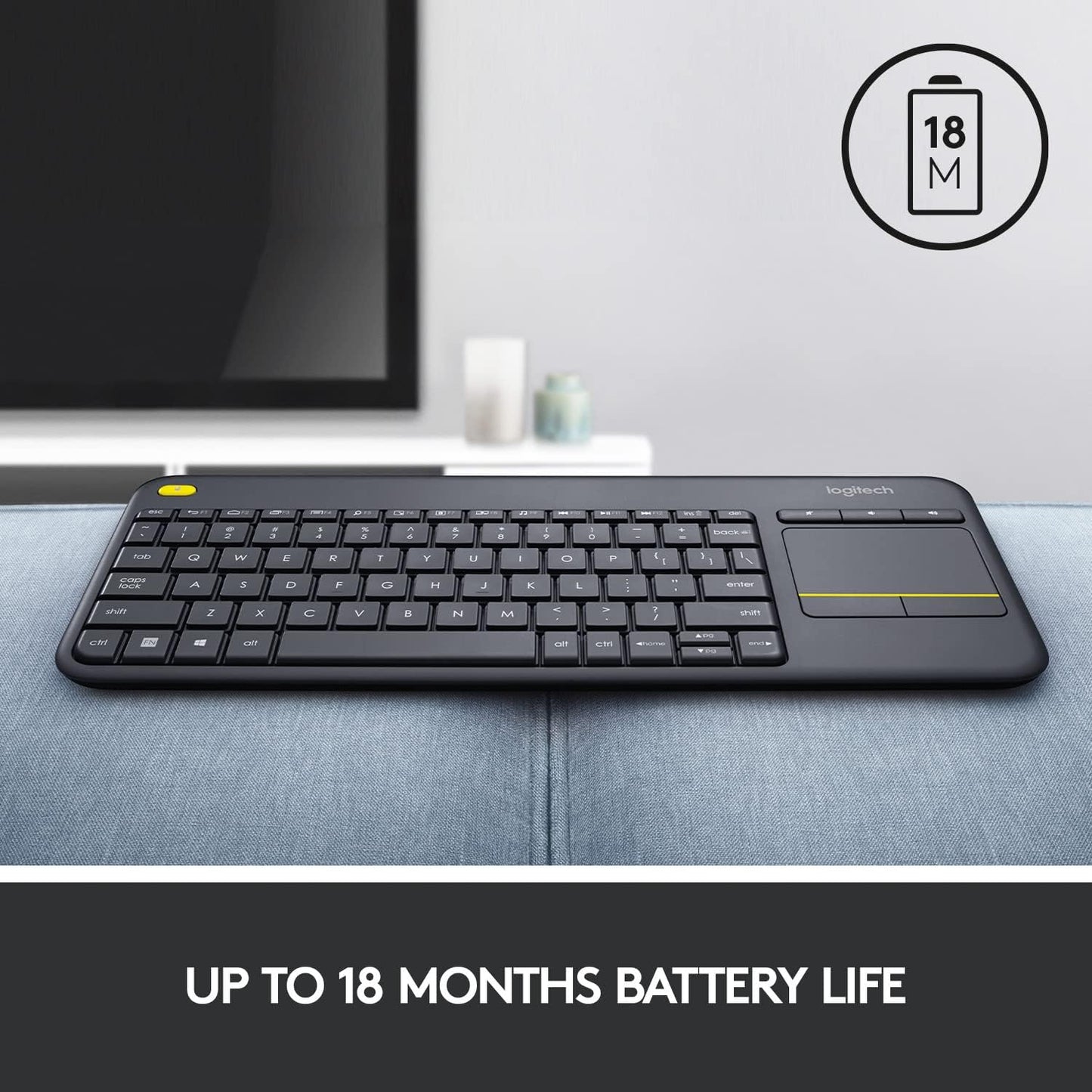 Logitech K400 Plus Wireless Touch TV Keyboard With Easy Media Control and Built-in Touchpad, HTPC Keyboard for PC-connected TV, Windows, Android, Chrome OS, Laptop, Tablet - Black