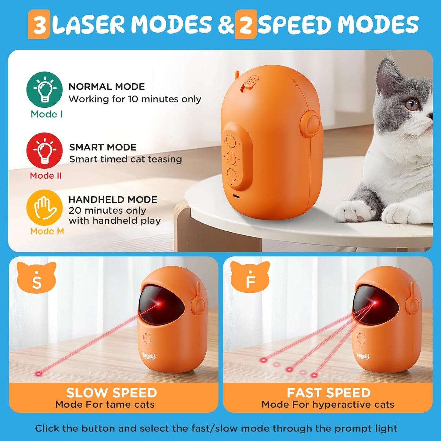 KOACKL Cat Toys for Indoor Cats, Cat Laser Pointer Toy, Rechargeable Automatic Cat Toy with Timer & Speed Modes, Ideal Interactive for Cats Dogs Training and Exercise