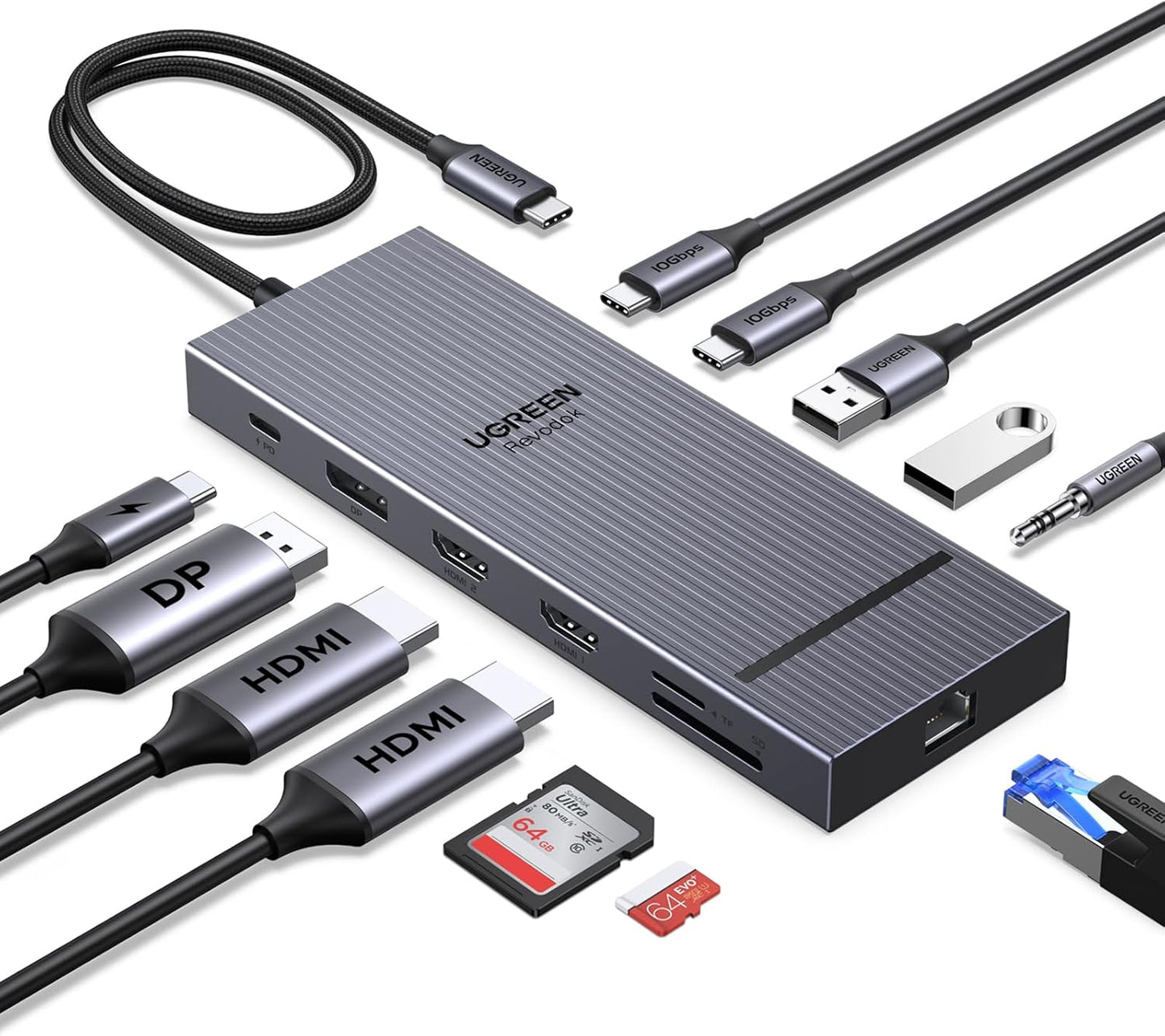 UGREEN Docking Station, 12 in 1 Revodok Pro Triple 4K Display with Dual HDMI & DP, USB-C Dock with 4K@120Hz DisplayPort, 10Gbps Data Port, 100W PD, 170MB/s SD/TF, Aluminum Hub for Dell, HP Laptop