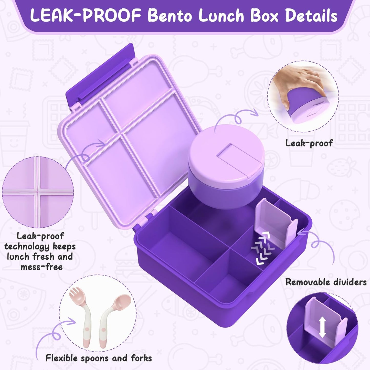Bento Lunch Box for Kid with 7oz Soup Jar, Leak-Proof Lunch Box with Cutlery, 4-Compartments Lunch Container for School Outdoors Office