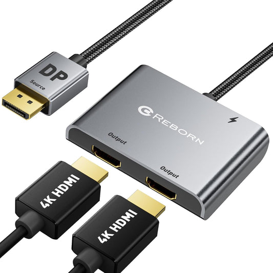 Reborn DisplayPort to Dual HDMI Adapter 4K@60Hz Display Port to 1 in 2 Out Splitter for Dual Monitor Extended Display, DP Source to 2 Adapter with PC, Graphics Card, HP and More
