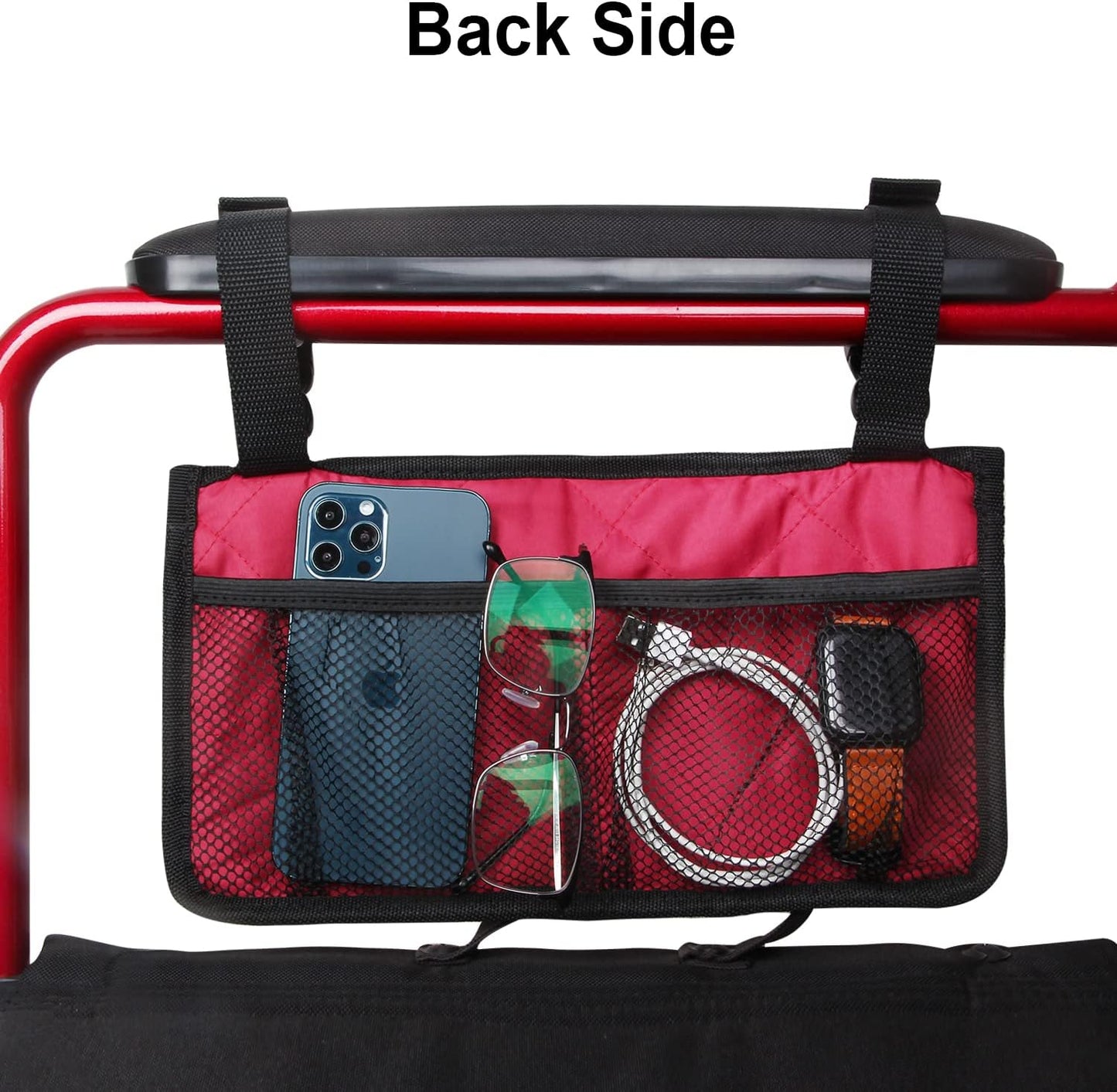 Wheelchair Side Bag, Wheelchair Armrest Storage Pouch with Cup Holder and Reflective Strip for Wheelchairs, Walkers or Rollators (Black)