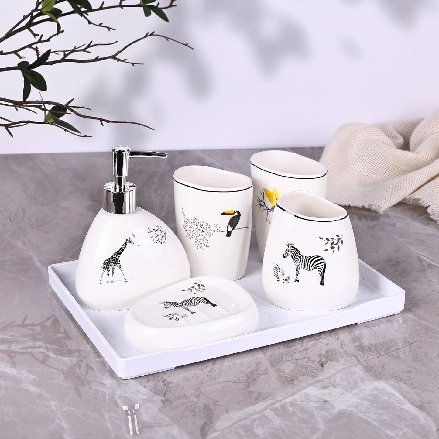 White Bathroom Accessories Set,Modern Countertop Bathroom Decor,Luxury 6 Piece Bathroom Accessory Set,Complete with Soap Dispenser,Toothbrush Holder,Tumbler,Tray