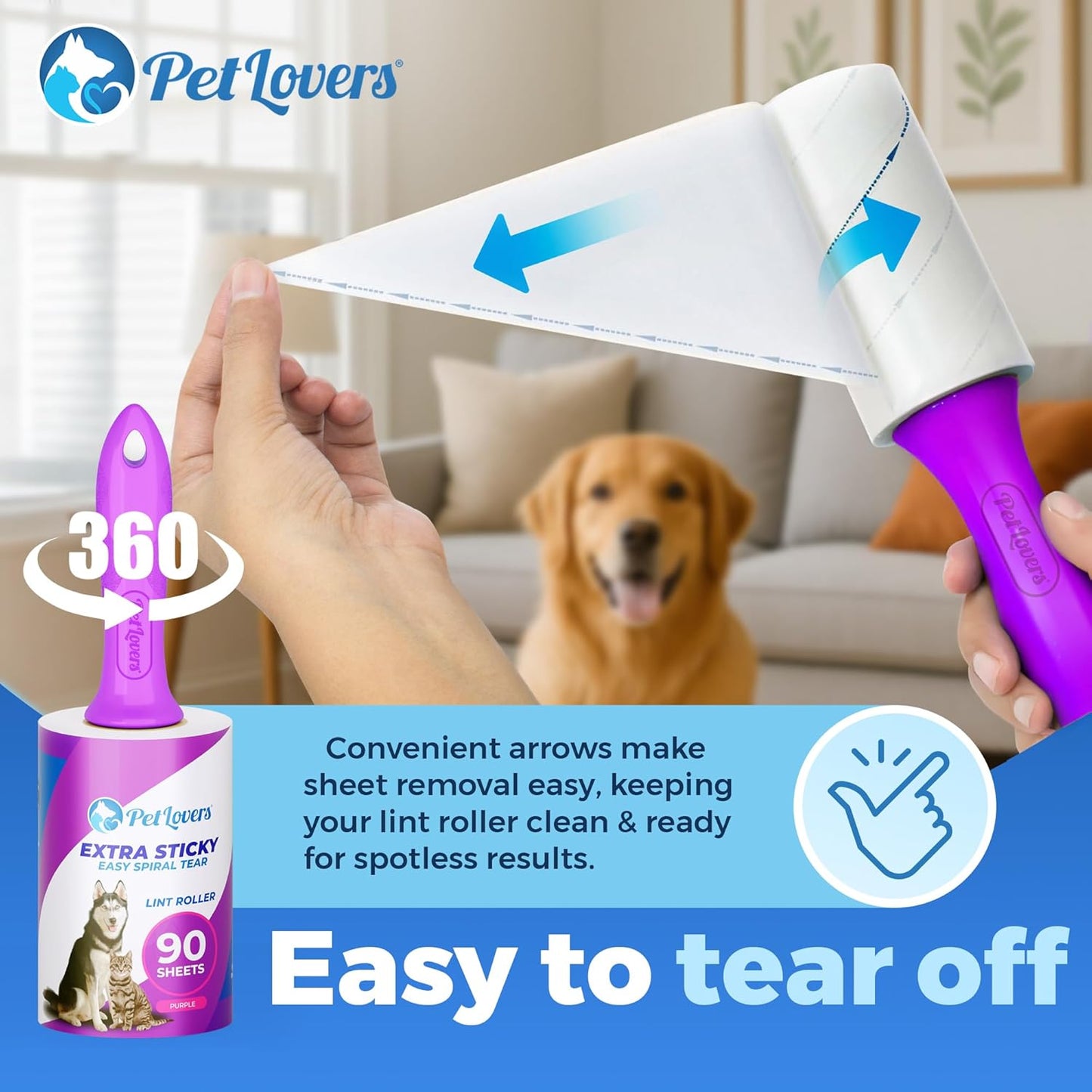 PetLovers Extra Sticky Lint Roller Mega Value Set for Pet Hair Removal, Dog and Cat Lint Remover (1 Pack Reusable)