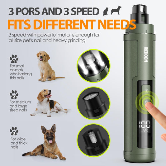 IREDOON Dog Nail Grinder Upgraded - Professional 3-Speed Super Quiet and Low Vibration Electric Pet Nail Grinder with 4 LED Lights - Painless Paws Grooming & Smoothing for Small to Large Dogs (Green) - PuriLite