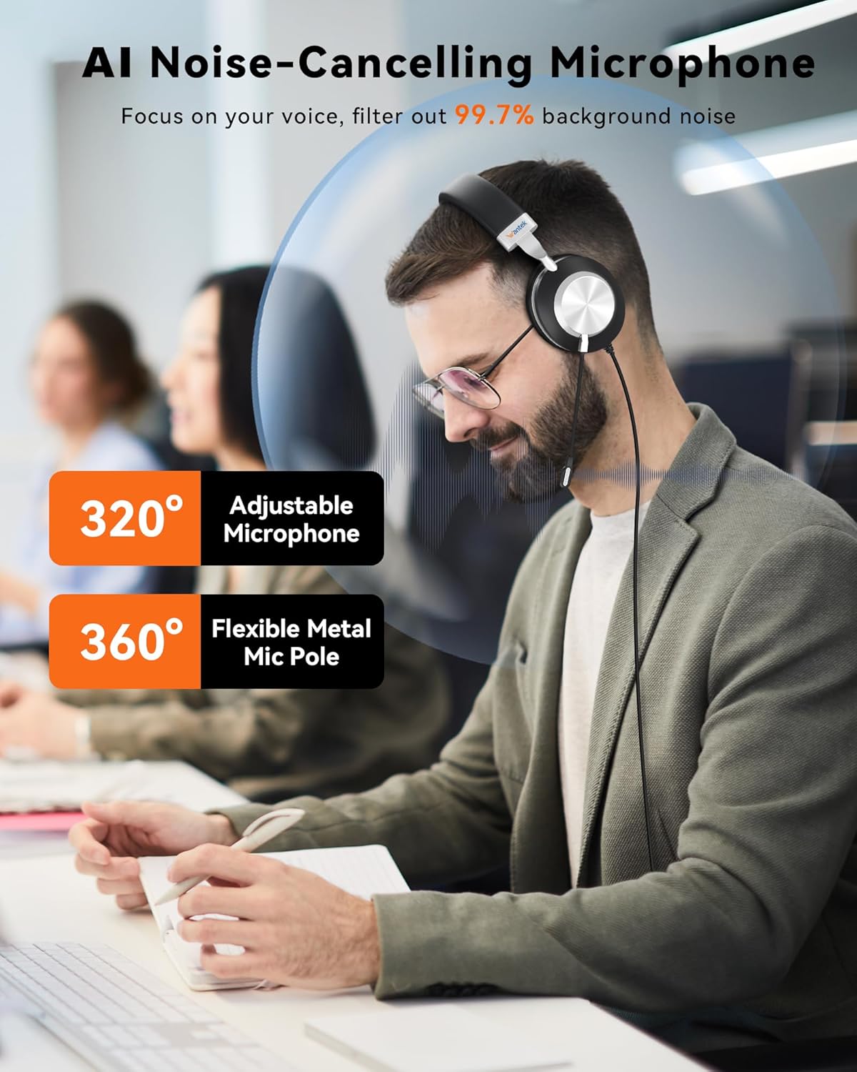 Wantek USB Headset with Microphone for PC, On-Ear Headphones - Computer Laptop Wired Headset with Mic Noise Cancellation & Volume Control for Work Home Office Online Classroom Zoom Skype