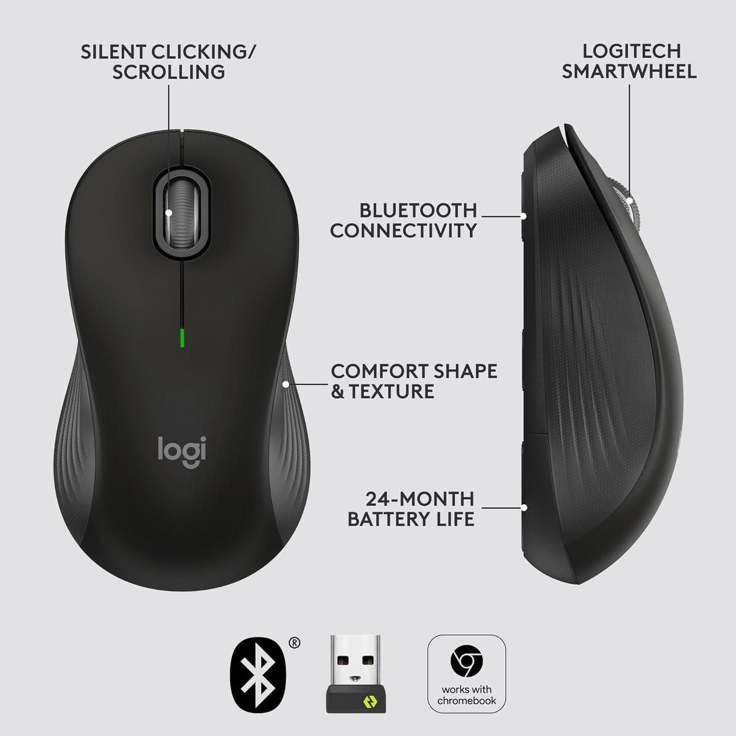 Logitech Signature M650 L Full Size Wireless Mouse - For Large Sized Hands, 2-Year Battery, Silent Clicks, Customizable Side Buttons, Bluetooth, for PC/Mac/Multi-Device/Chromebook - Black