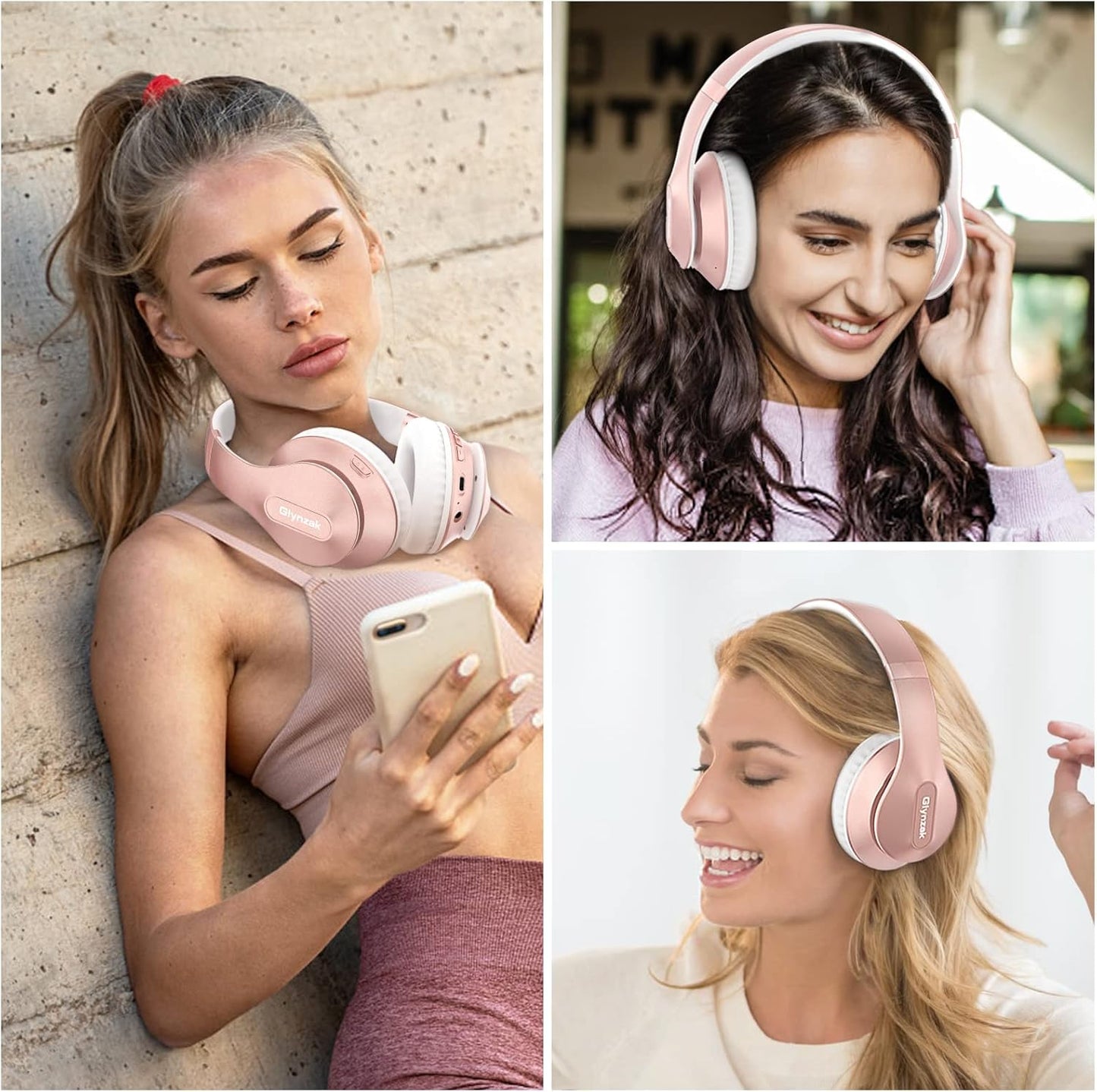 Glynzak Wireless Bluetooth Headphones Over Ear 65H Playtime HiFi Stereo Headset with Microphone and 6EQ Modes Foldable Bluetooth V5.3 Headphones for Desktop Computer Laptop Rose Gold