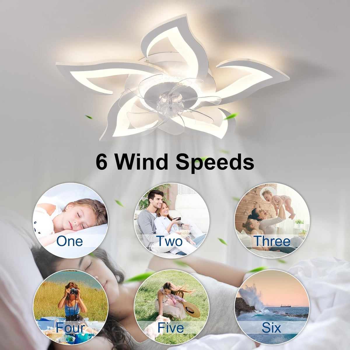 26" Geometric Ceiling Fan with Lights, 6 Speeds 3 Colors Ceiling Fan with Light Remote Control, White Low Profile Flush Mount Ceiling Fan for Kitchen Bedroom Living Room