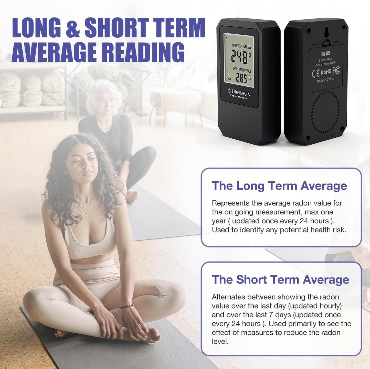 Life Basis Radon Detector for Home Radon Tester Portable with Large Screen Long and Short Term Radon Monitoring Battery Operated, Canadian Version in Bq/m - Dark Grey