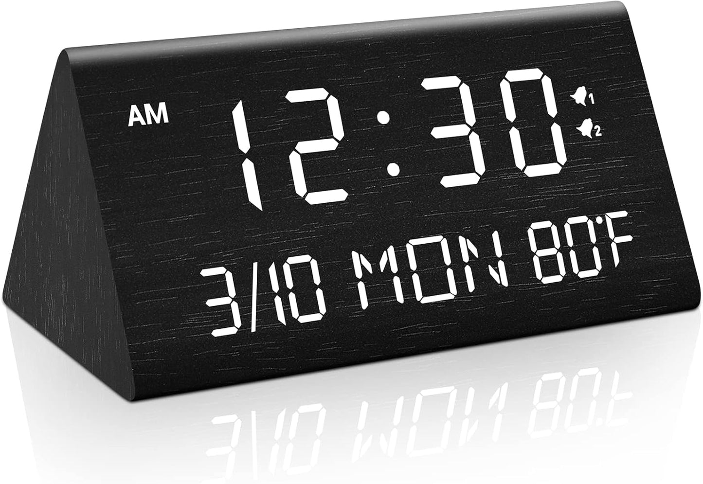 Kogonee Wooden Digital Alarm Clock, 0-100% Dimmer, 2 Alarm Settings, Weekday/Everyday Mode, 9 Mins Snooze, 12/24H, Temperature and Date Display for Office, Travel, Bedroom Alarm Clock (White)