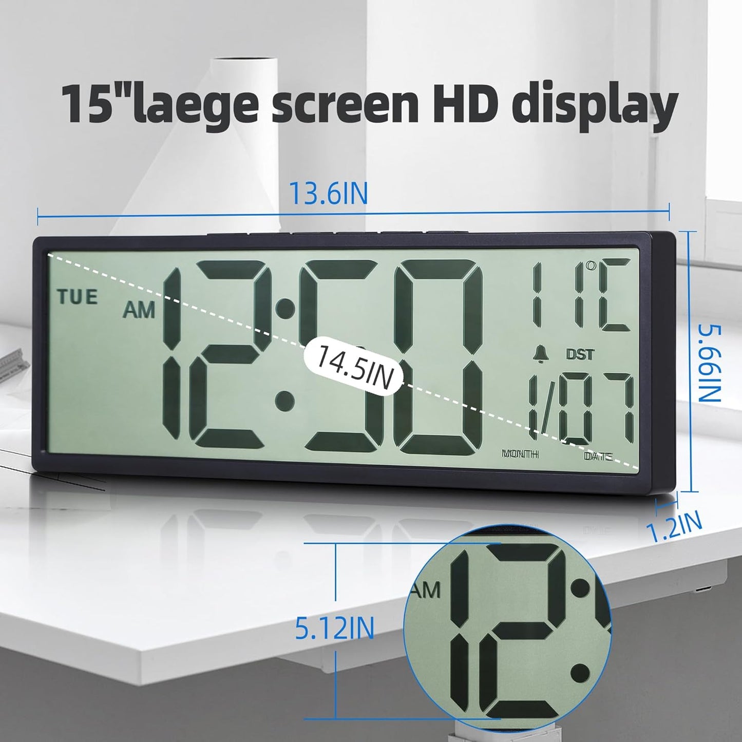 Purilite Select 15.5" Large Digital Wall Clock