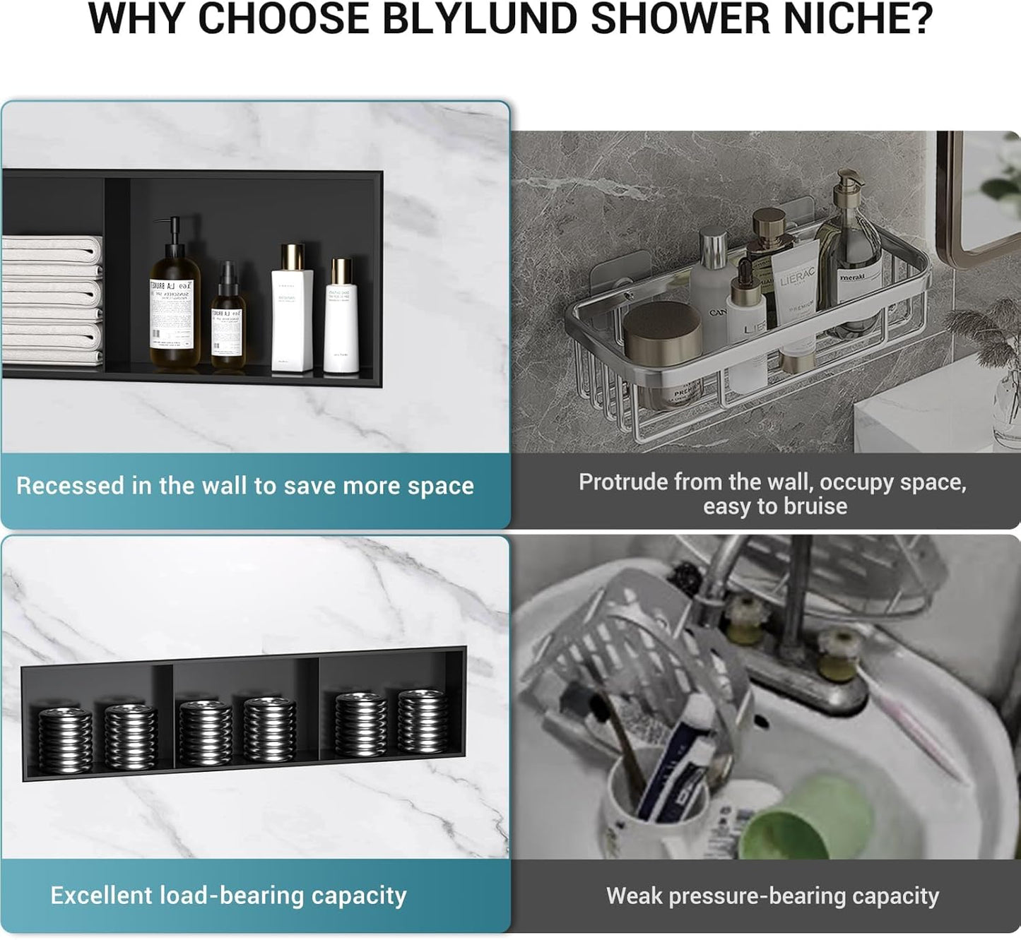 BLYLUND Shower Niche 12" x 24" NO Tile Needed,Matte Black Double Shelf Organizer, Square Corners Wall-Inserted Niche Recessed Shower Shelf Modern Soap Niche for Bathroom
