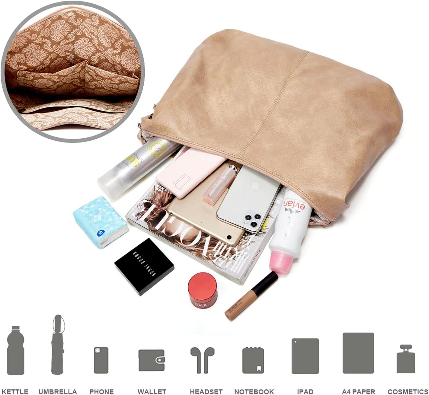 Ashioup Hobo Bags for Women Soft PU Leather Shoulder Bag Vintage Slouchy Handbag with Zipper