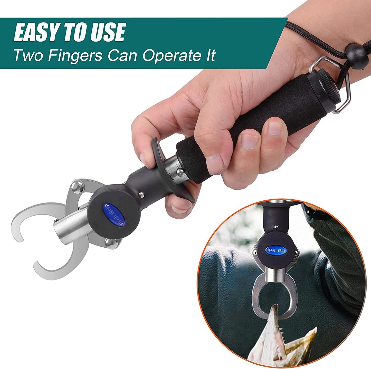 Fish Lip Gripper With Scales - Portable Stainless Steel Holder and Grabber Tool - 40 Pound Capacity With Weight Scale, Ruler and Lanyard