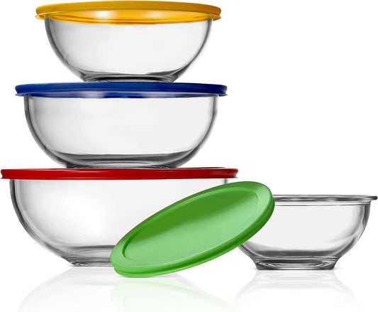NutriChef 4-Piece Glass Mixing Bowl Set with Airtight Lids - Meal Prep Containers, Salad Bowls - Stackable, Leakproof, Freezer-to-Oven Safe, Dishwasher Safe