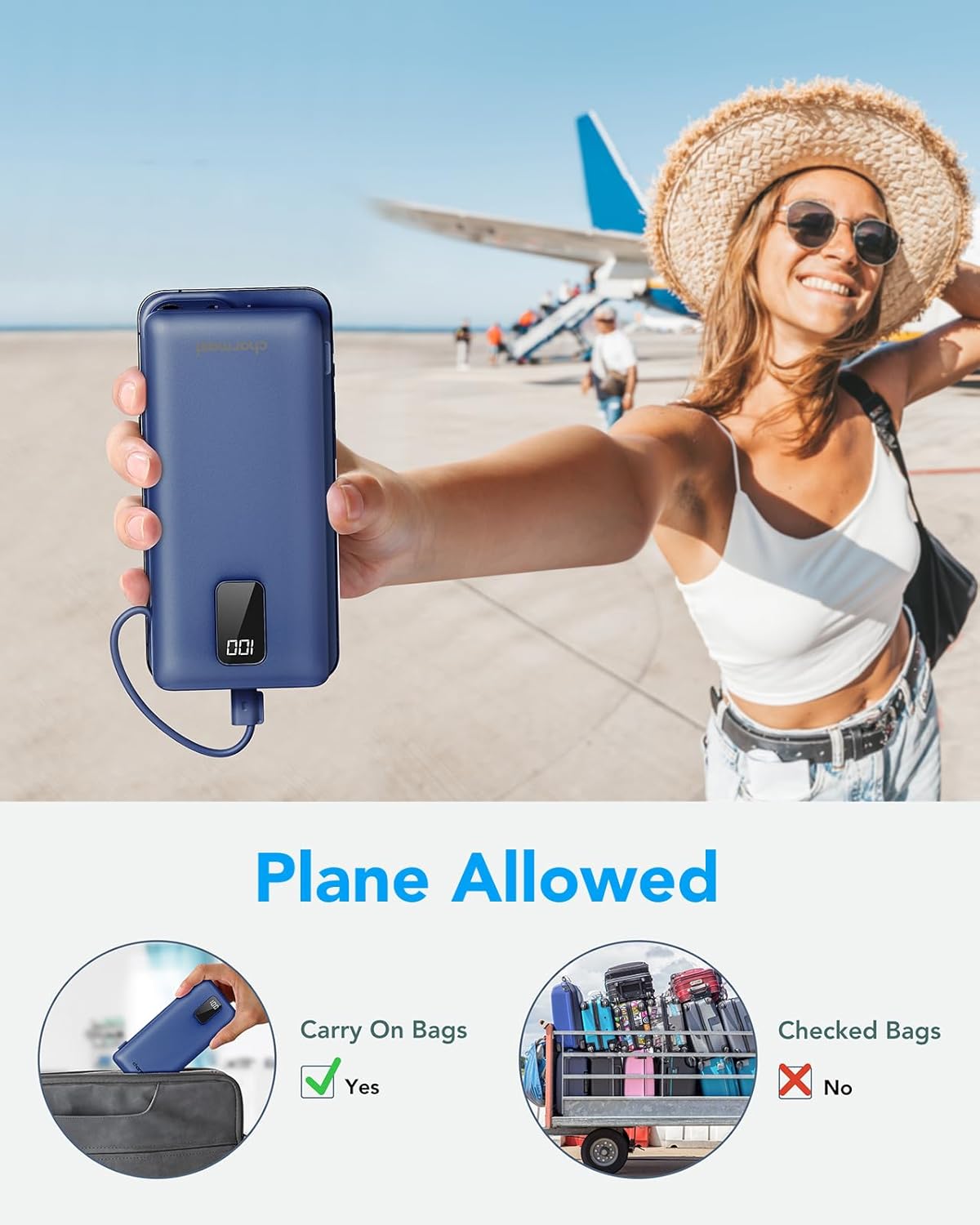 Charmast 10000mAh Portable Charger with Built-in Cables and AC Wall Plug,USB C Battery Pack Power Bank,5 Output 2 Input Battery Pack Compatible with iPhone 16/15/14/13/12,Andriod Series