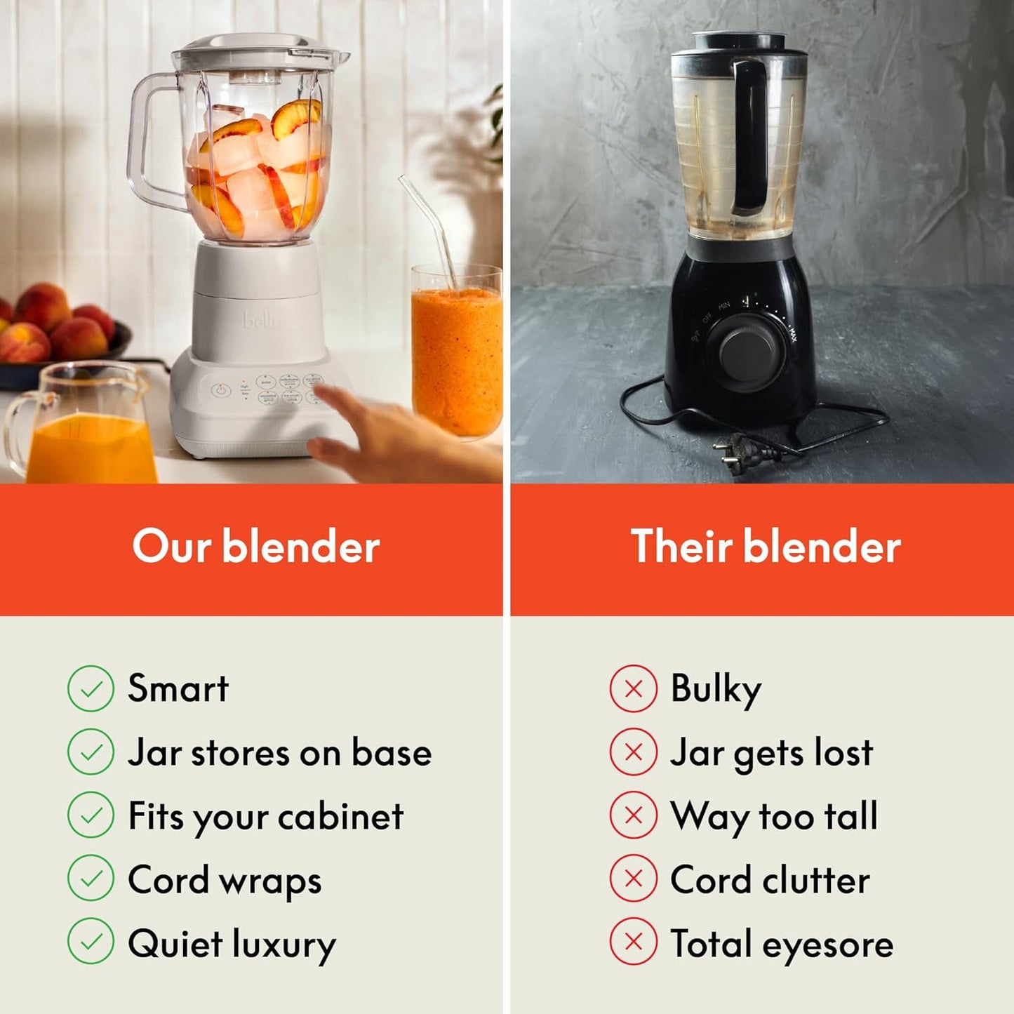 Bella 10-Speed Countertop Blender, Juicer and Smoothies, Fits Anywhere™, Slim Design with Lid and Lid for Dishwasher Stainless Steel Carafe, 450W, Surf