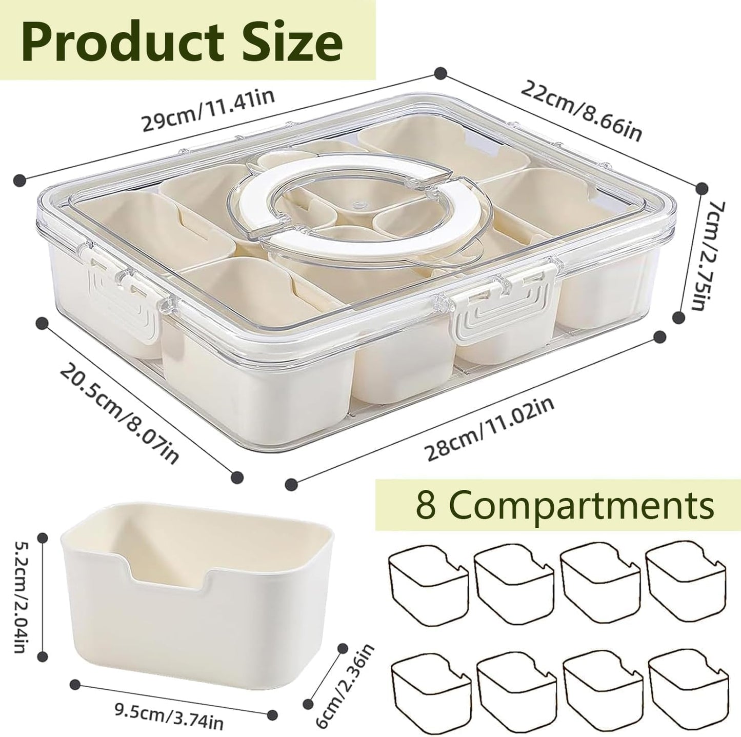 Divided Serving Tray with Lid & Handle, Snack Box with 8 Compartments, Snack Tray, Food Storage Container for Travel, Party & Picnic, Clear Organizer for Veggie, Candy, Fruit, Nut