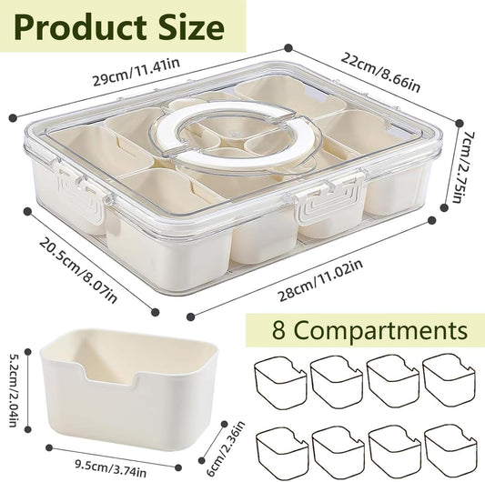 Divided Serving Tray with Lid & Handle, Snack Box with 8 Compartments, Snack Tray, Food Storage Container for Travel, Party & Picnic, Clear Organizer for Veggie, Candy, Fruit, Nut - PuriLite