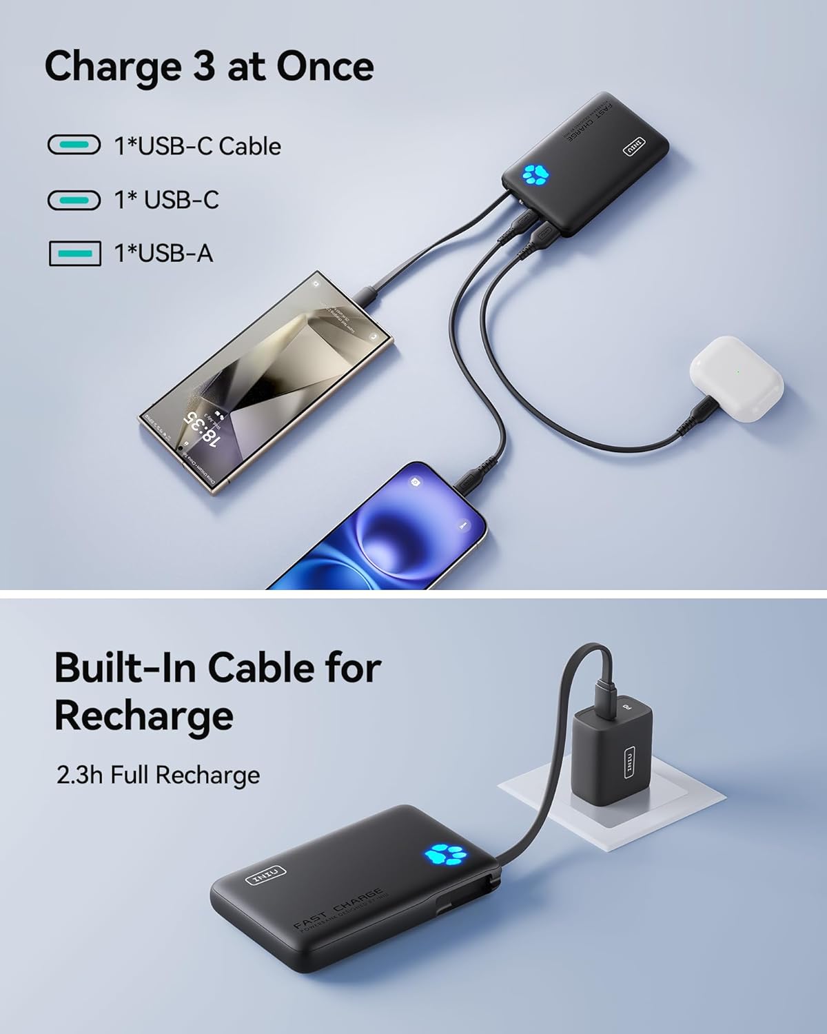 INIU Portable Charger, Slim 10000mAh Power Bank with Build in USB-C Cable, 20W Fast Charging Powerbank with Cords Wires, Travel Essentials Battery Pack for Multi Smartphones Tablets, Yellow