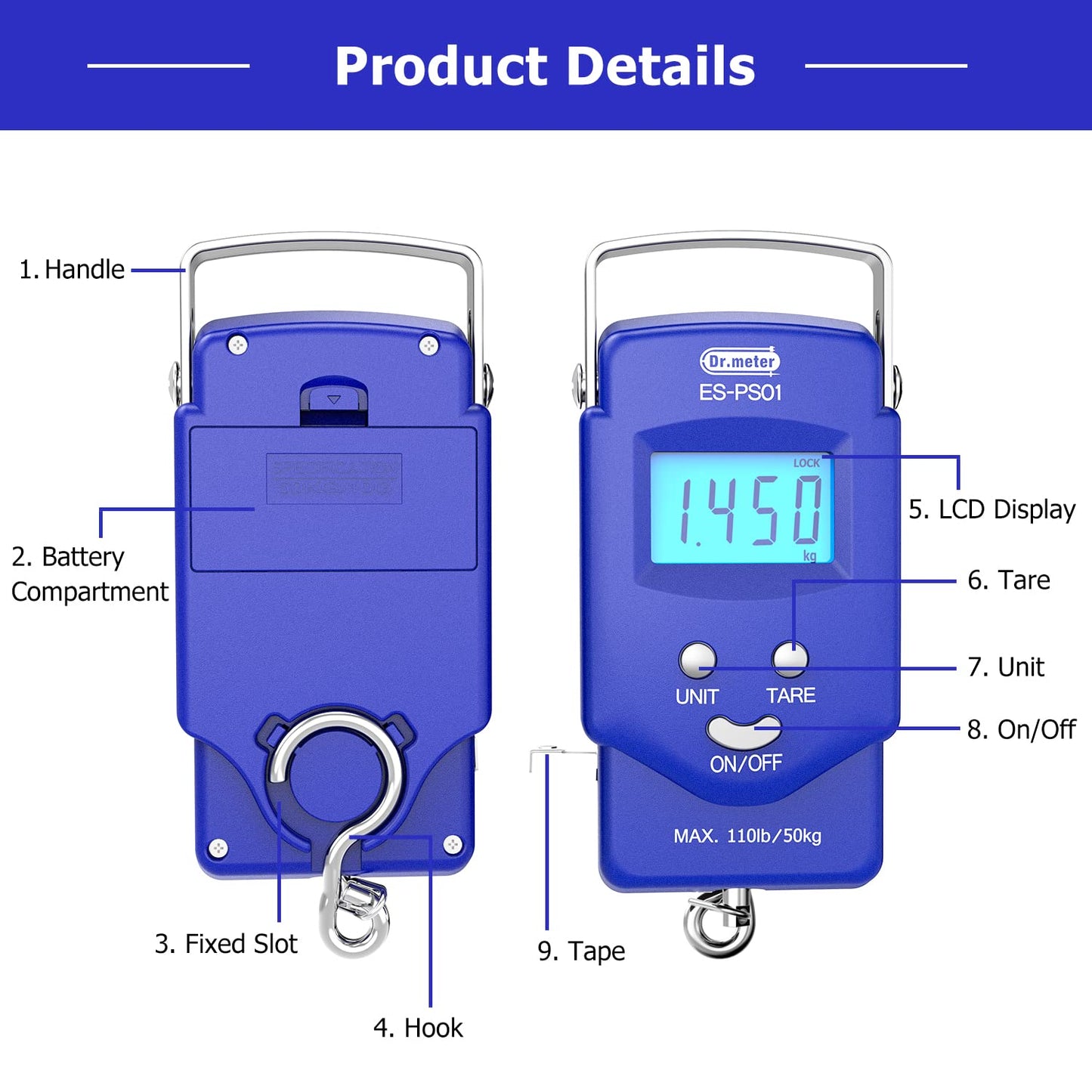 Fish Scale, Dr.meter 110lb/50kg Backlit LCD Display Digital Scale with Built-in Measuring Tape - Electronic Fishing Postal Hanging Hook Scale with 2 AAA Batteries, Pocket Size