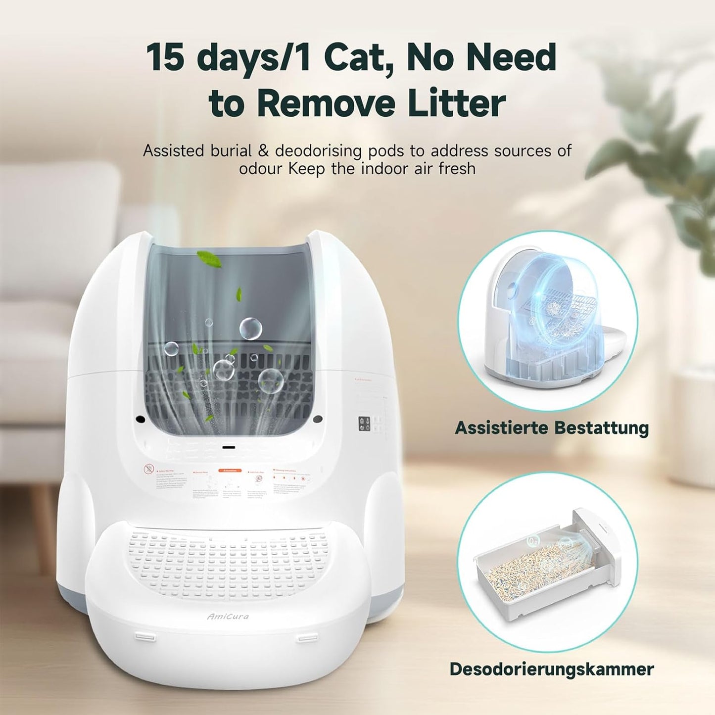 Amicura Automatic Cat Litter Box, Self Cleaning, 360-Degree Detection Smart Anti-Pinch, App Control, Odor-Proof, 65L Extra Large Open-top Cat Litter Box, Ultra Quiet Cat Toilet