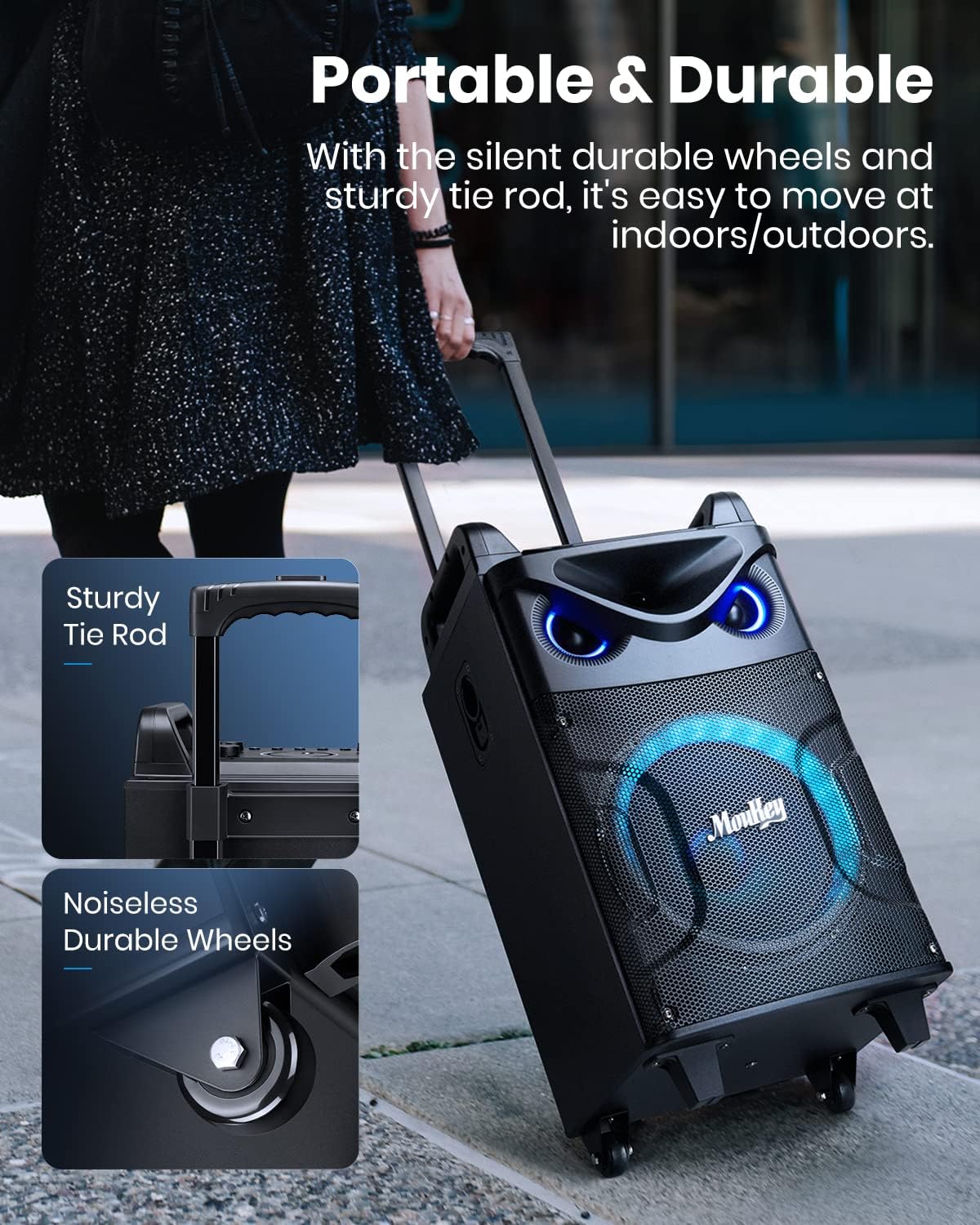 Moukey Karaoke Machine, 10" Woofer Portable PA System, Bluetooth Speaker with 2 Wireless Microphones, Lyrics Display Tablet Holder, Party Lights & Echo/Treble/Bass Adjustment Support REC/AUX/USB/TF