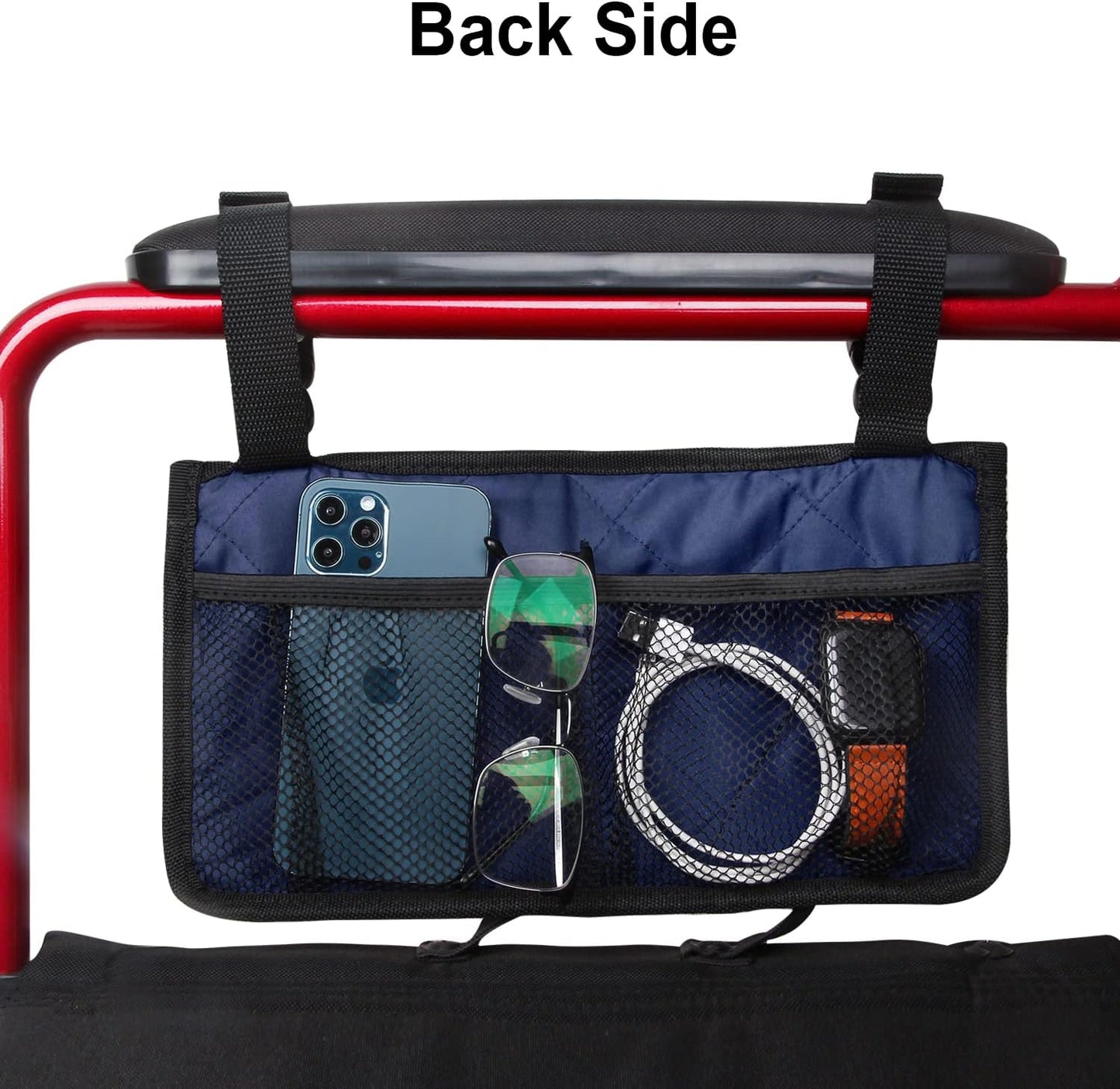 Wheelchair Side Bag, Wheelchair Armrest Storage Pouch with Cup Holder and Reflective Strip for Wheelchairs, Walkers or Rollators (Black)