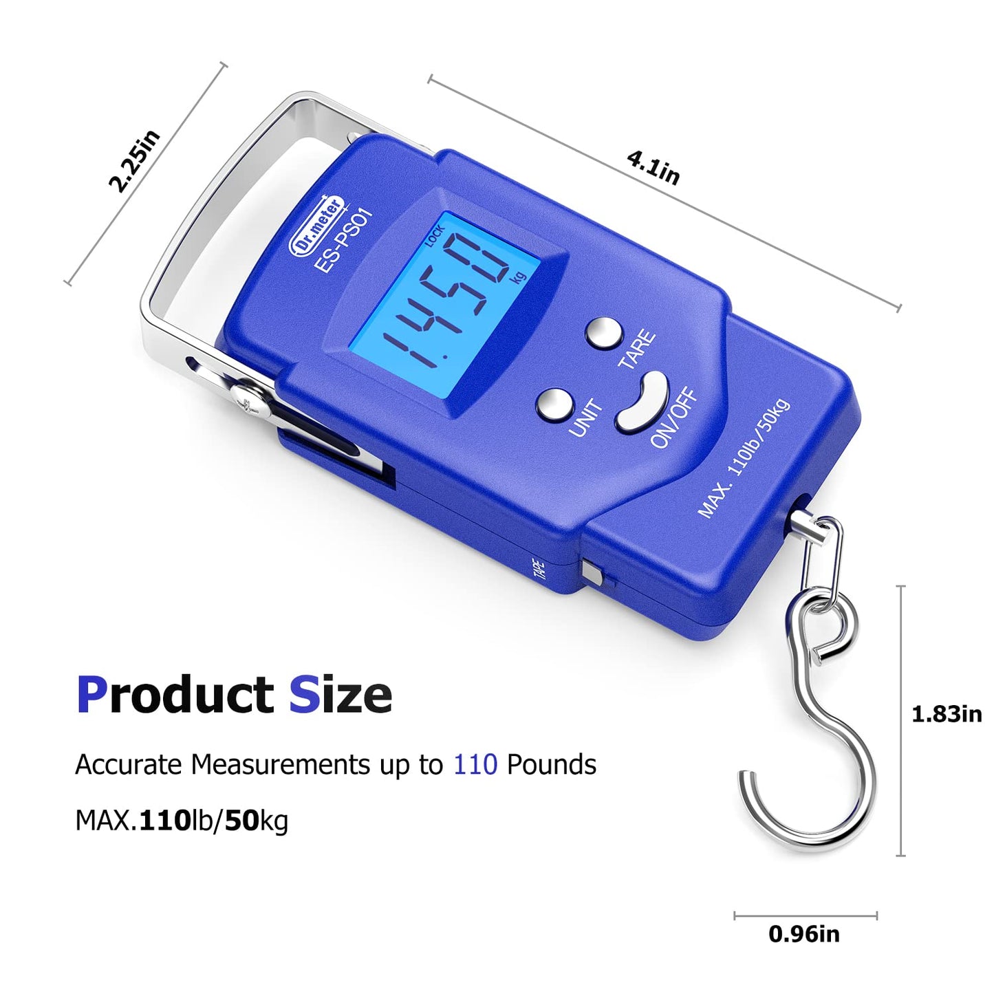 Fish Scale, Dr.meter 110lb/50kg Backlit LCD Display Digital Scale with Built-in Measuring Tape - Electronic Fishing Postal Hanging Hook Scale with 2 AAA Batteries, Pocket Size