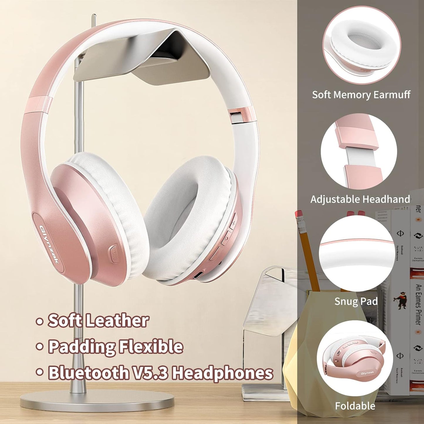 Glynzak Wireless Bluetooth Headphones Over Ear 65H Playtime HiFi Stereo Headset with Microphone and 6EQ Modes Foldable Bluetooth V5.3 Headphones for Desktop Computer Laptop Rose Gold