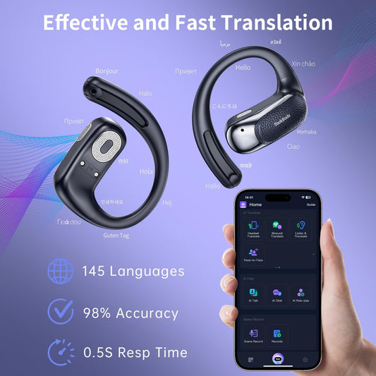 AI Translation Earbuds Real-Time, 3-in-1 Open-Ear Headphones with 145 Languages & Accents, Bluetooth 5.4 Translator Earbuds, 60H Battery, HD Audio, for Travel Business (Midnight Blue)