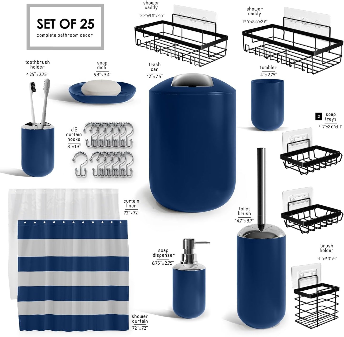 Clara Clark Bathroom Set - Gray Bathroom Accessories Set, Bathroom Sets with Shower Curtain and Rugs, 23PC Shower Curtain Set with Liner, Soap Dispenser, Soap Dish, Toilet Brush Holder, and Trash Can