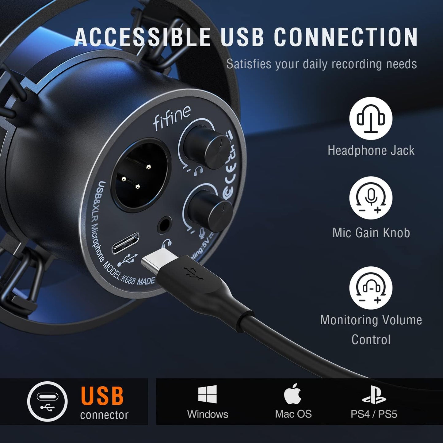 Fifine XLR/USB Podcast Microphone, PC Recording Dynamic Mic for Streaming, Studio, Vocal, Voice-Over, Instruments, Metal Cardioid Mic with Tap-to-Mute, Monitoring Headphone Jack, Gain Knob-K688