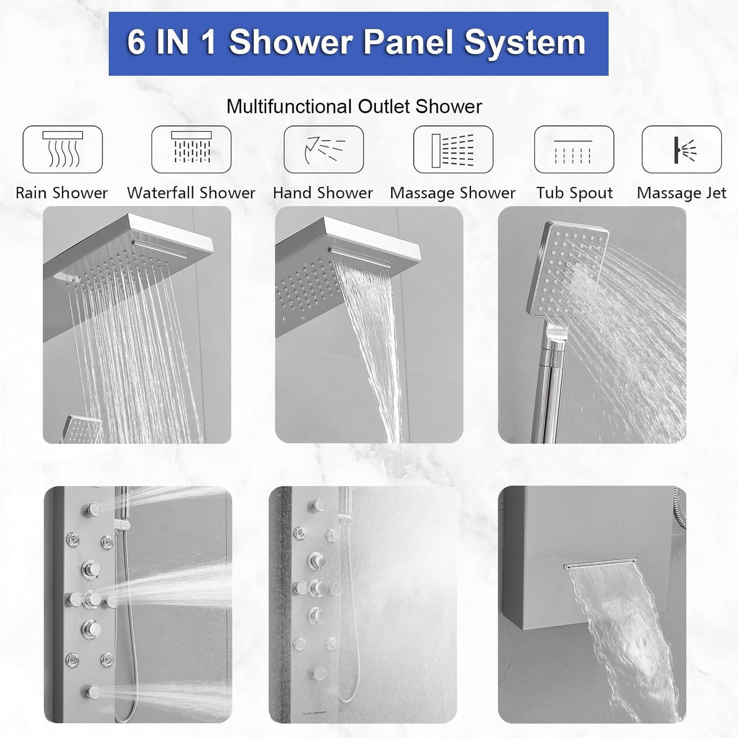 Bathfinesse Shower Tower Bathroom Shower Panel System Rain Massage System 6 in 1 Body Spray Jets Shower Wall Panels Rainfall Waterfall Shower Head Tub Spout with Temperature Display,Matte Black