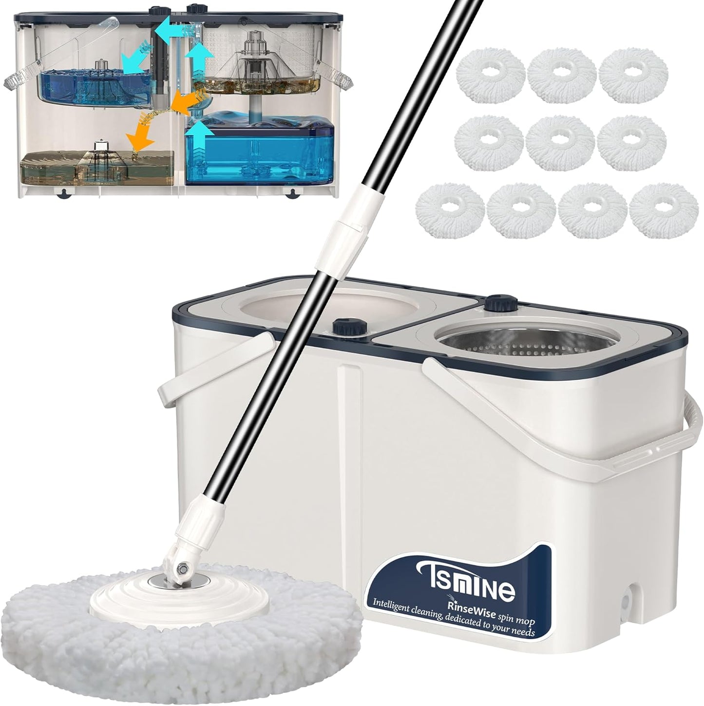 RinseWise Spin Mop and Bucket Separate Clean and DirtyWater, Mop and Bucket with Wringer Set, 4-Chamber Commercial Spinning Mopping Bucket Cleaning Supplies with 8 Microfiber Replacement Head Refills