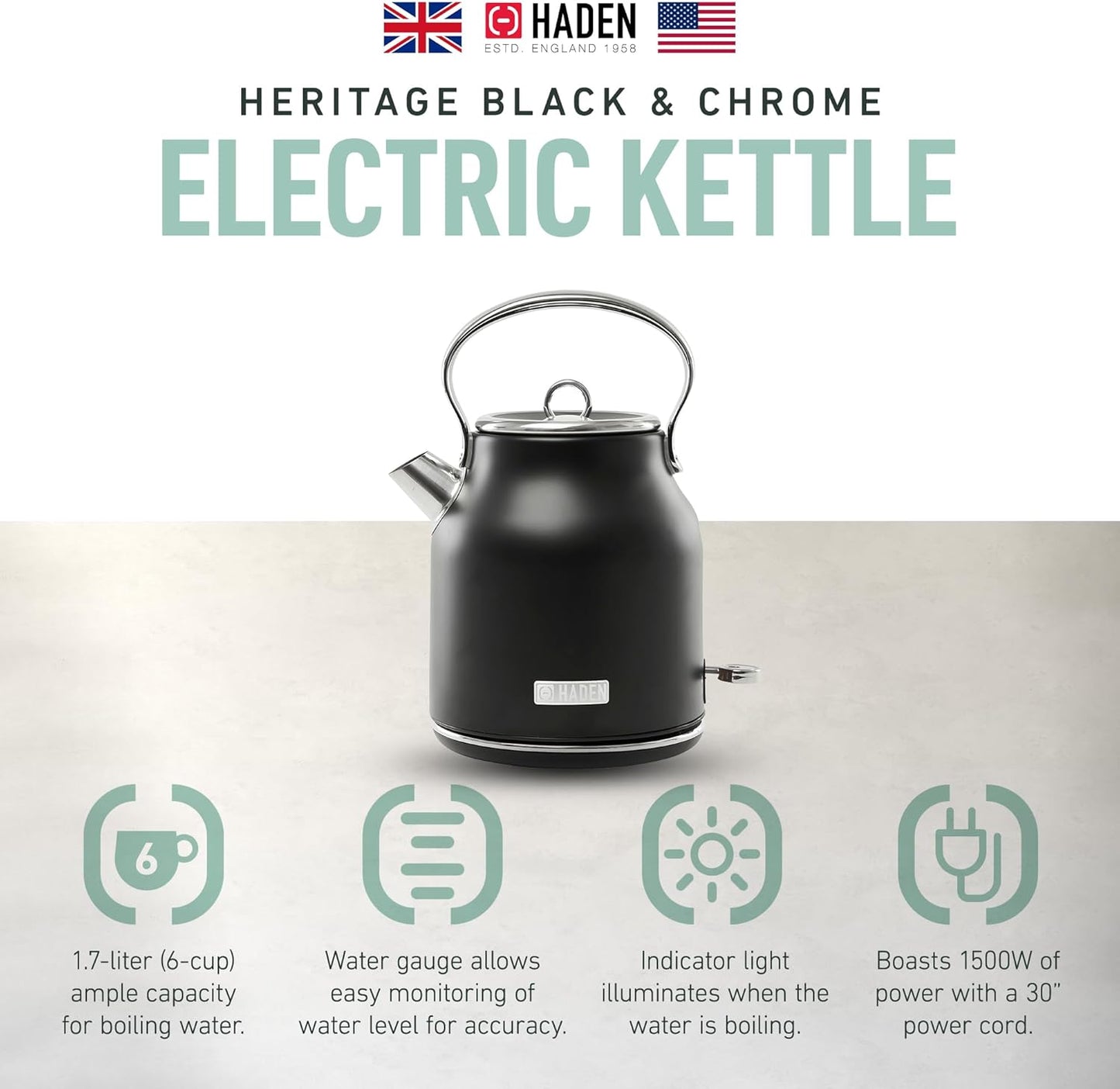 Haden 75041 Heritage 1.7 Liter (7 Cup) Stainless Steel Electric Kettle with Auto Shut-Off and Boil Dry Protection, Black/Copper